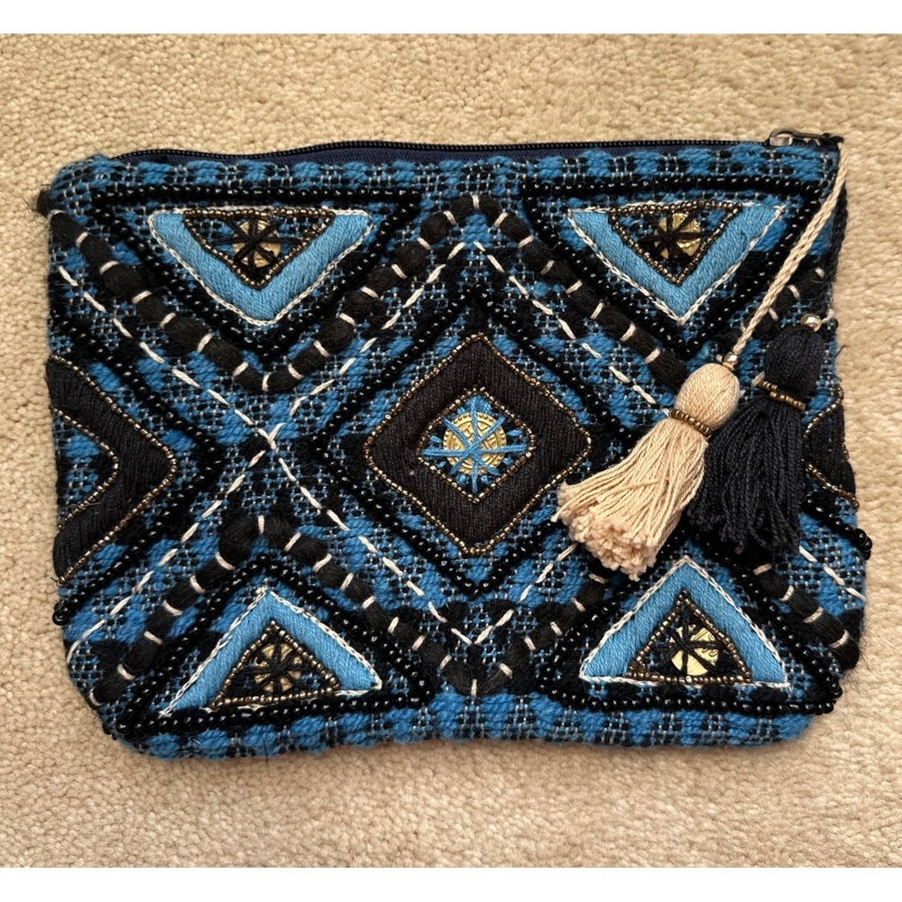 Lovestitch Pouch - Boho Chic - Blue, Tan,‎ and Black Beaded  stitching  9" x 7"